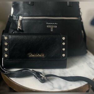 Tahari Black and Silver Satchel with Structured Design